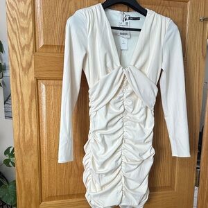Zara Cream Long Sleeve Ruched Dress